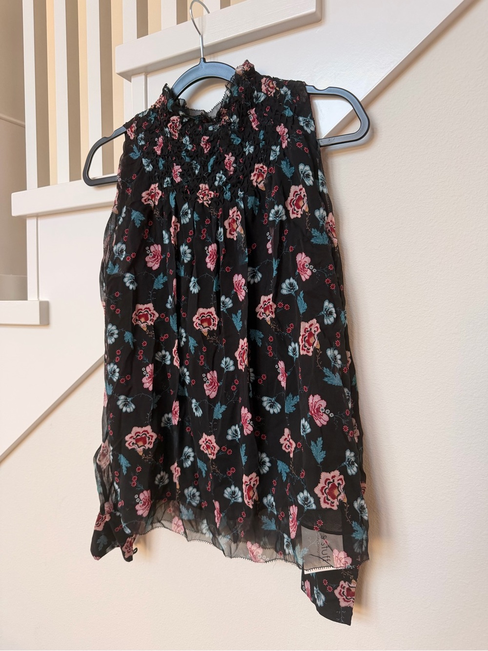 INTERMIX Black Floral Chiffon Halter Top with Pink & Teal Accents